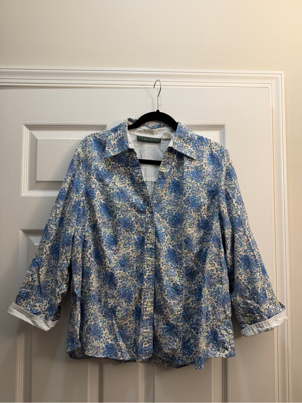 Harve Benard Blue Paisley Floral Cotton Button Down Blouse Top 3/4 Cuffed Sleeve